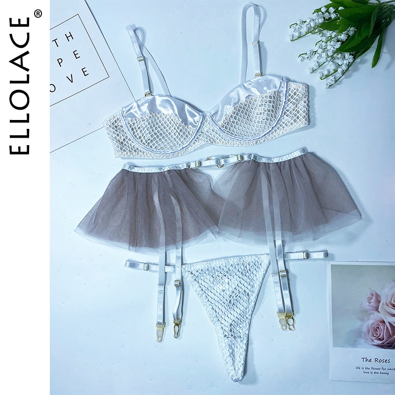 Ellolace Sexy Lingerie Sensual Fancy Underwear Ruffle Garter Belt Set 3-Piece Lace Padded Bra Delicate Luxury Erotic Sets