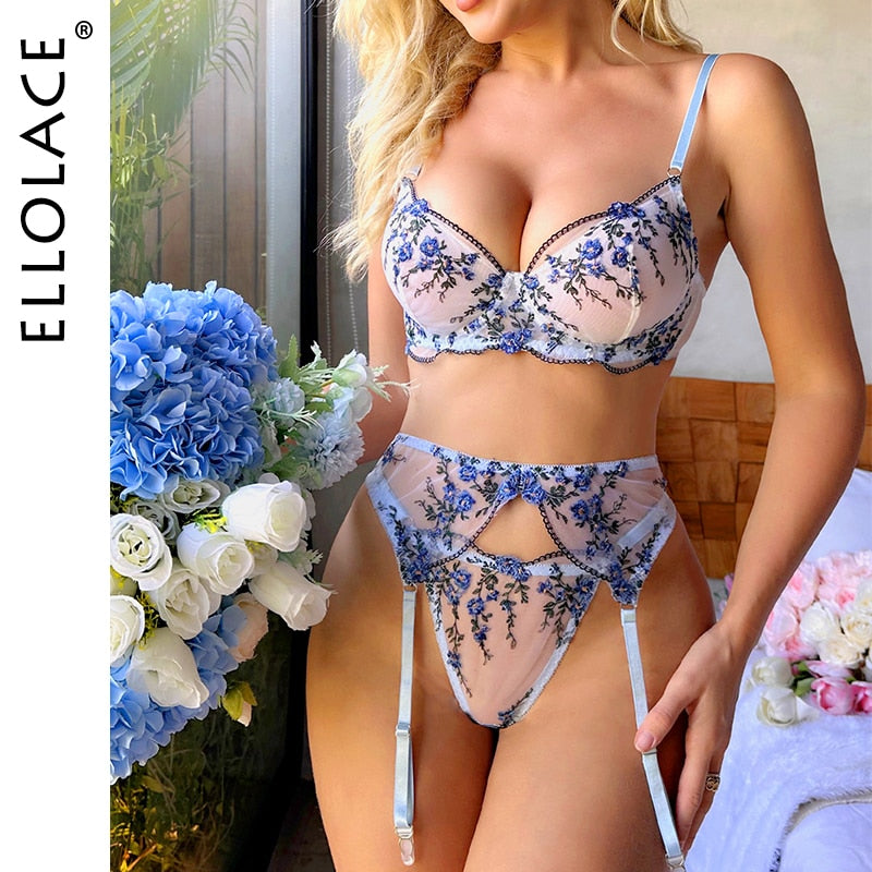 Ellolace Fairy Lingerie Fancy Floral Beautiful Underwear Transparent Bra And Panty Sets Tulle Outfit See Through Erotic Sets