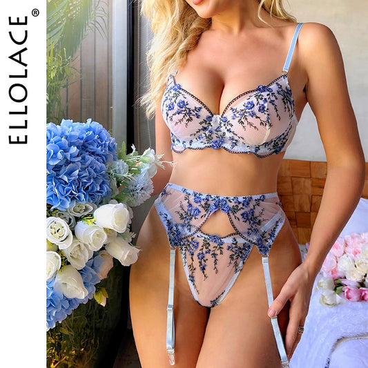 Ellolace Fairy Lingerie Fancy Floral Beautiful Underwear Transparent Bra And Panty Sets Tulle Outfit See Through Erotic Sets