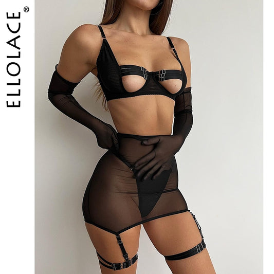 Cut Out Bra Garter Lace Up Bandage 4-Piece Sets Transparent Mesh
