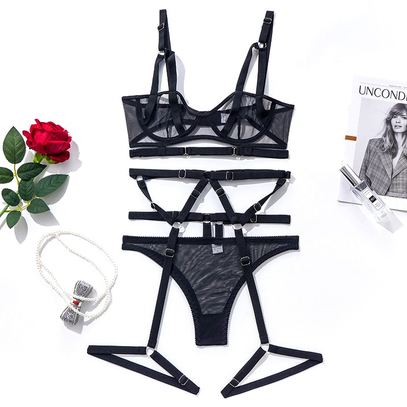 Sheer Lace Bandage Transparent Erotic 3-Piece Set Bra Garters Briefs Sexy