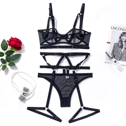 Sheer Lace Bandage Transparent Erotic 3-Piece Set Bra Garters Briefs Sexy