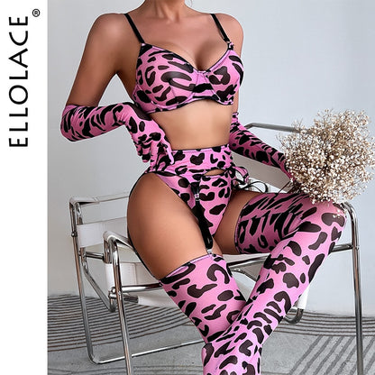 Ellolace Leopard Lingerie With Stocking Gloves Seamless Underwear Sensual Garter Belt Set Pink Pink Intimate Sexy Outfits