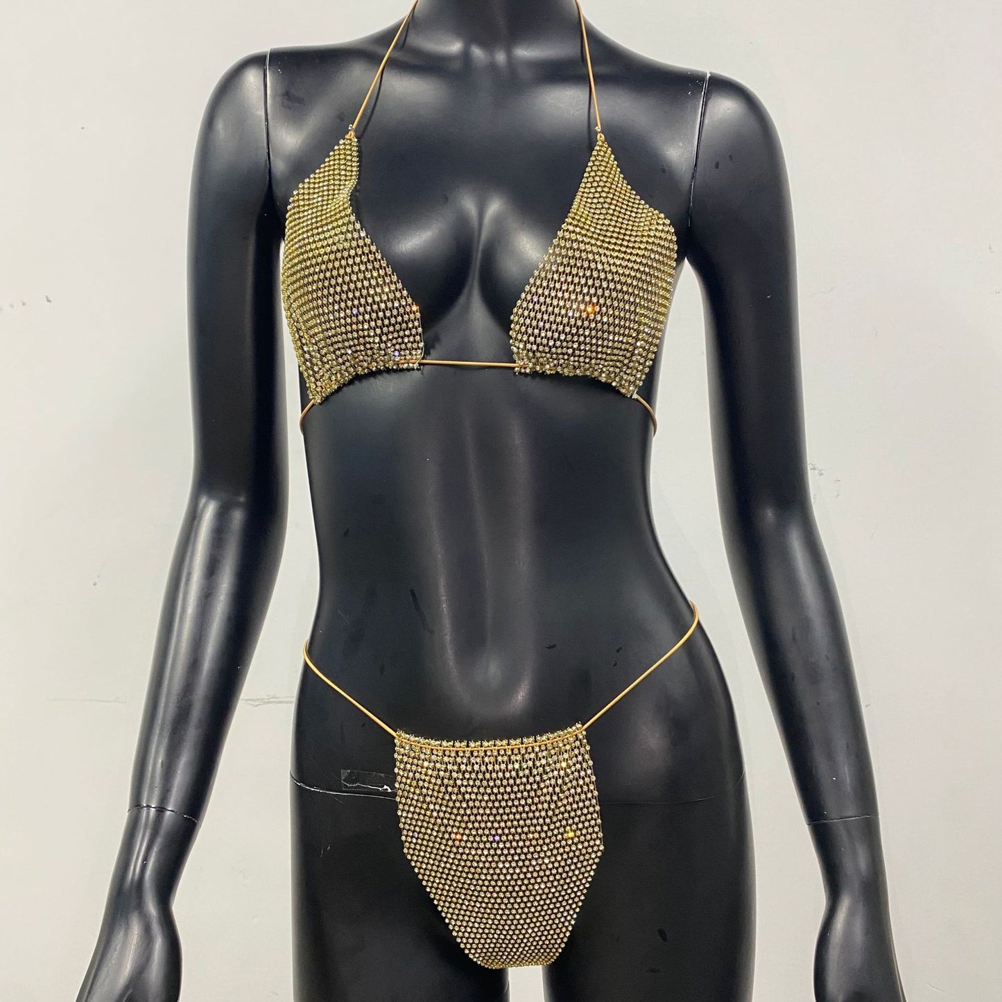 Bling Rhinestones Fishnet Bikini Women Halter Bra Sexy Panty 2 Piece Lady Set Sexy Swimwear Women