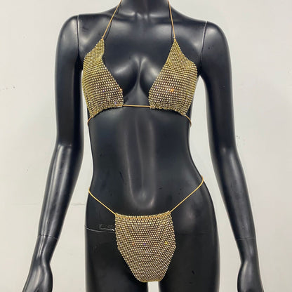Bling Rhinestones Fishnet Bikini Women Halter Bra Sexy Panty 2 Piece Lady Set Sexy Swimwear Women