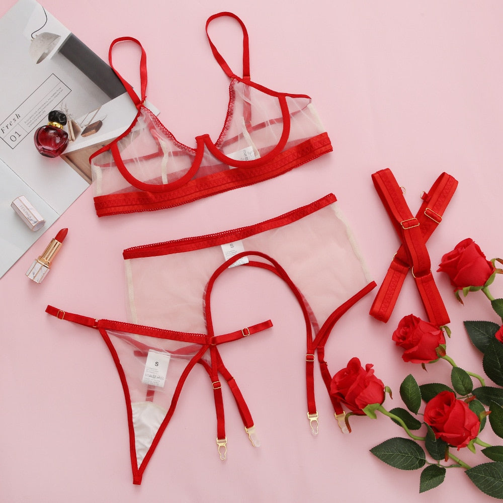 Neon Sexy Transparent Bra Panty Set 4-Pieces Sets