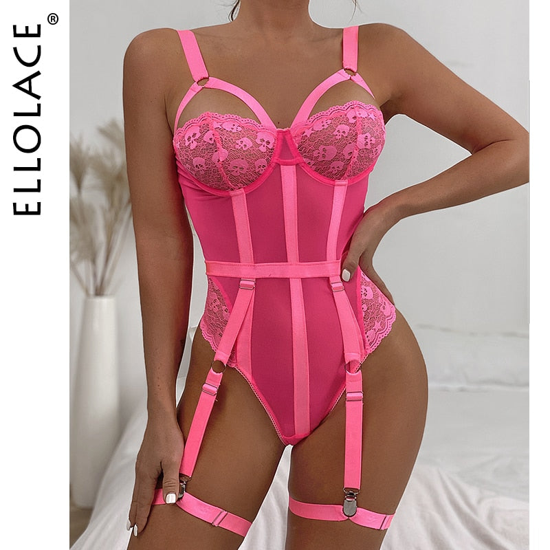 Sexy Red Bodysuit Women Bodycon Lace Hollow Out Sleeveless Top High Cut Bodysuit with Crotch