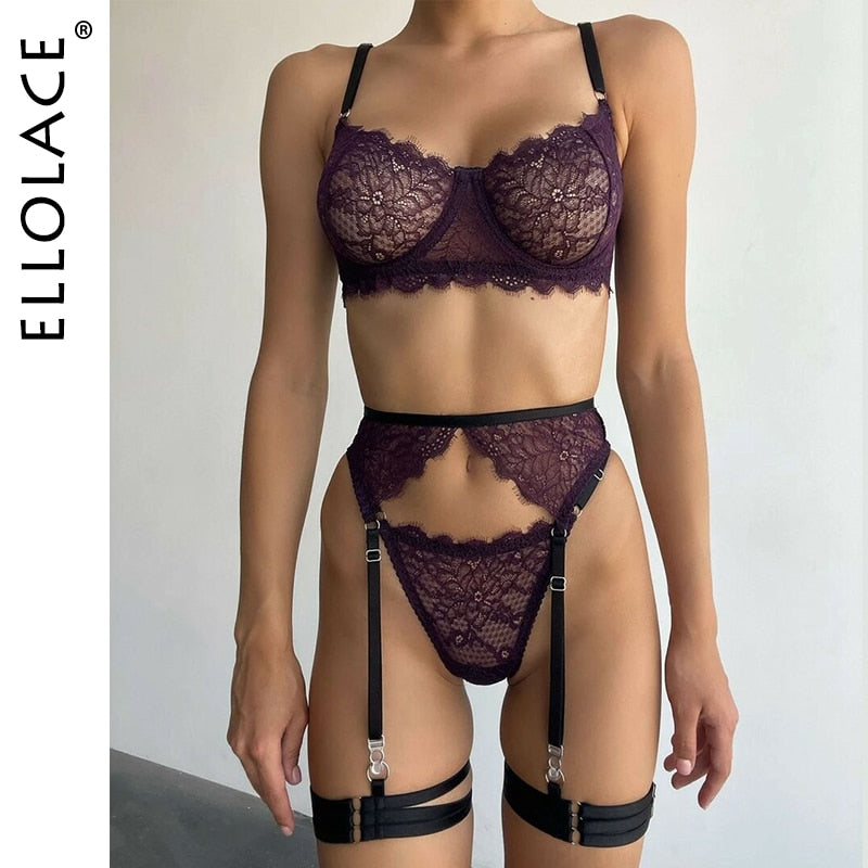 Ellolace Sexy Lace Lingerie Seamless Female Underwear 3-Piece Garter Fancy Transparent Bra And Panty Set Brazilian Outfits