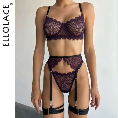 Ellolace Sexy Lace Lingerie Seamless Female Underwear 3-Piece Garter Fancy Transparent Bra And Panty Set Brazilian Outfits