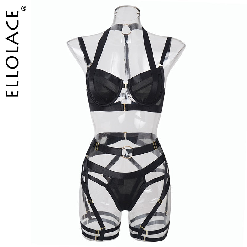 Sexy Erotic Garter Belt 4-Piece Halter Bra With Bow Seductive Brief Sets