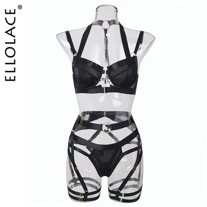 Sexy Erotic Garter Belt 4-Piece Halter Bra With Bow Seductive Brief Sets