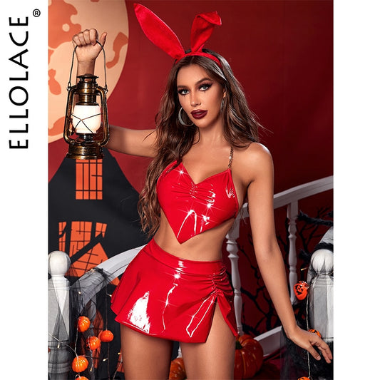Ellolace Halloween Lingerie Bunny Latex Cosplay Sexy Costumes 4-Piece Thongs Halter Leather Sissy Underwear Nightclub Outfit