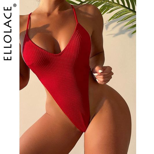 One-Piece Thong Swimsuit High Cut Backless Monokini Solid Whole Swimwear Ribbed Bikini Sexy Harajuku Bathing Suit