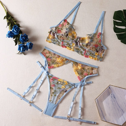 Lace Transparent Embroidery 3-Piece Garters Short Skin Care Kits
