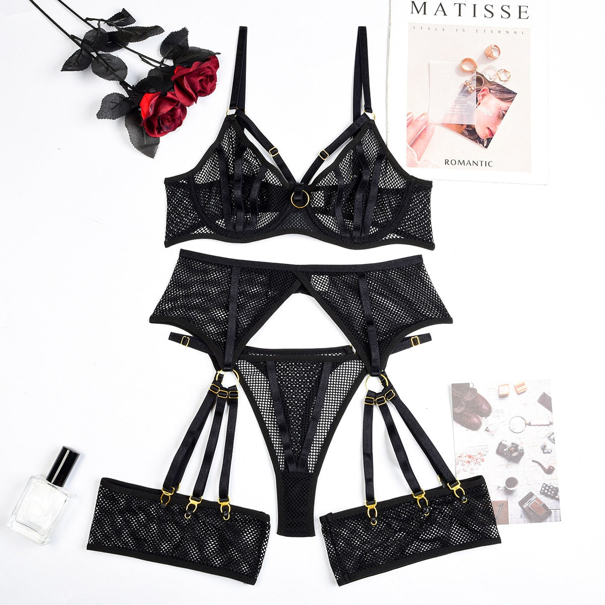 Ellolace Luxury Fine Lingerie Lace Sexy Underwear 4-Piece Sheer Mesh Bilizna Set Of Sex Erotic Intimate See Through Outfits
