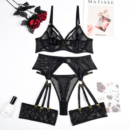 Ellolace Luxury Fine Lingerie Lace Sexy Underwear 4-Piece Sheer Mesh Bilizna Set Of Sex Erotic Intimate See Through Outfits