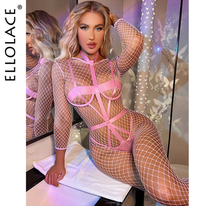 Fishnet Stocking With Bodysuit Bandage 2-Piece Mesh Lingere Women Pink