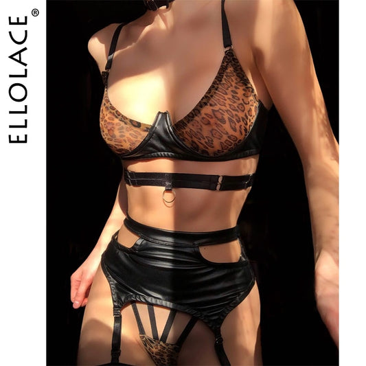 Ellolace Sensual Leopard Lingerie Wild Beauty Pu Leather Underwear 5-Piece Cut Out Briefs Sheer Bra Garter Delicate Intimate