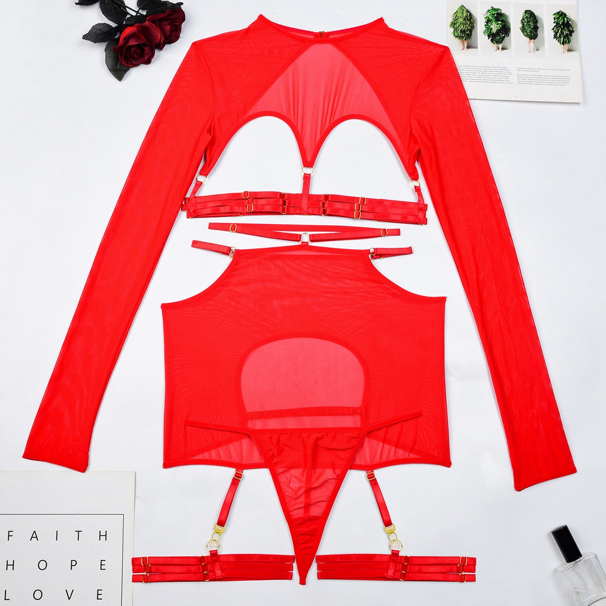 Hollow Long Sleeve Top Garter g-String Thongs And Playing Erotic Sets