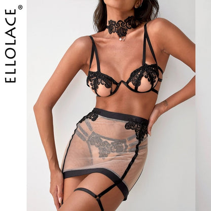 Ellolace Erotic Lingerie Sheer Lace See Through Intimate Push-Up Bra Underwear Tulle Garter Fancy Outfit Sissy Bilizna Set