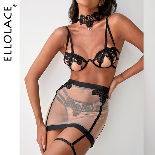 Ellolace Erotic Lingerie Sheer Lace See Through Intimate Push-Up Bra Underwear Tulle Garter Fancy Outfit Sissy Bilizna Set