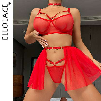 Ellolace Valentine's Day Lingerie Red Fancy Underwear Uncensored Lace Transparent Bra Ruffle Garter Fetish Bilizna Intimate