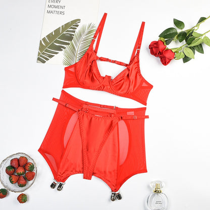 Silk Sexy Crotchless Garter 3-Piece Bra Kit Push Up Set