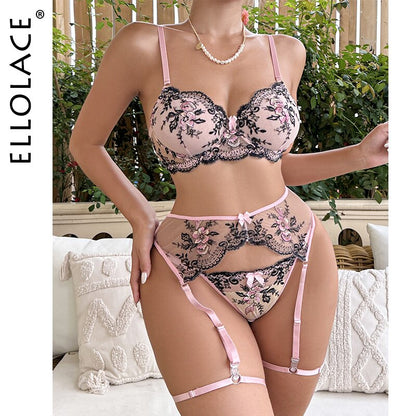 Ellolace Floral Fancy Lingerie Fairy Beautiful Underwear Seamless Set Woman 3 Pieces Garter Belt Intimate Sexy Exotic Sets