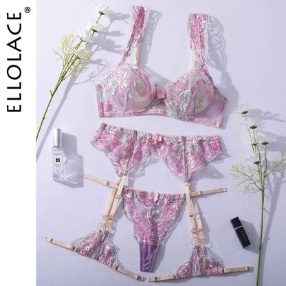 Ellolace Lingerie For Women Garter Fancy Underwear 4-Pieces Floral Embroidery Delicate Outfits Sensual Transparent Exotic Sets