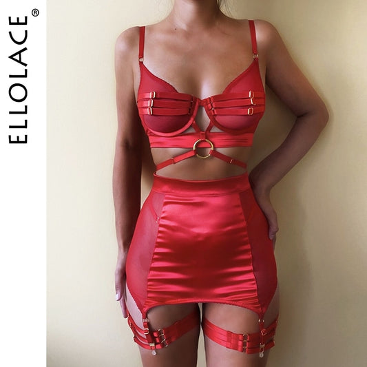 Ellolace Lingerie Fancy Erotic Set With High Waisted Garter Fine Underwear Uncensored Bra Kit Push Up Red Sensual Intimate