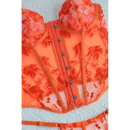 Ellolace Corset Lingerie Fancy Lace Underwear Transparent Embroidery Erotic Outfits Thongs Fitness Front Closure Orange 2-Pieces