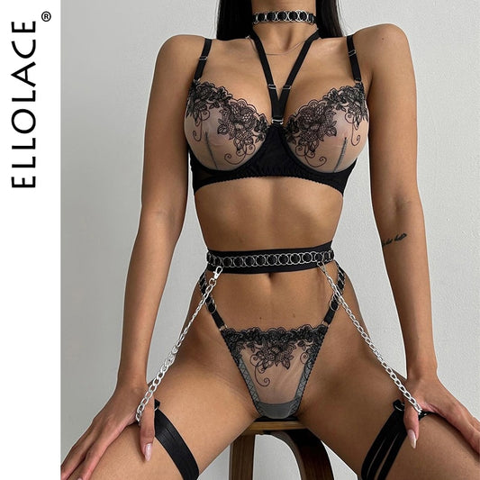 Ellolace Fancy Lingerie Sexy Lace Sensual Underwear Uncensored Transparent Bra Garter 4-Piece Luxury Erotic Seamless Intimate