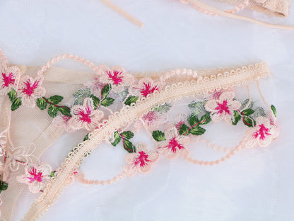 Ellolace Fancy Lingerie Sexy Underwear Set Women 2 Piece Fairy Floral Embroidery Delicate Brief Lace Up Transparent Bra Intimate