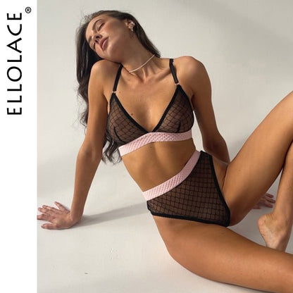 Ellolace Plaid Lingerie Outfit Sheer Lace Seamless Underwear Set Women 2 Piece Transparent Intimate Patchwork Erotic Sets