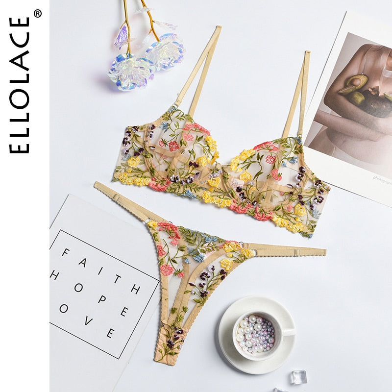 Sexy Lace Set 2 Pieces Transparent Embroidery Erotic Bra And Panty Set