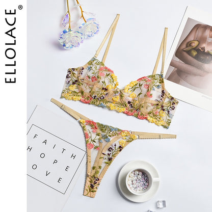 Sexy Lace Set 2 Pieces Transparent Embroidery Erotic Bra And Panty Set