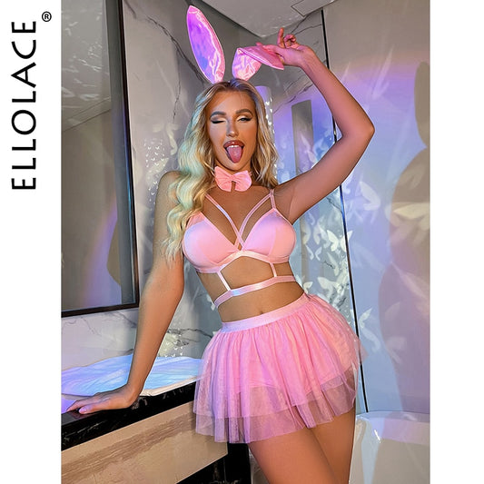 Ellolace Bunny Pink Lingerie Sexy Bubble Skirt 5-Piece Bright Exotic Sets Lace Nightclub Underwear Pole Dancing Ruffle Outfit
