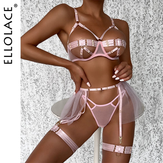 Ellolace Erotic Lingerie Hollow Bra Ruffled Sensual Underwear 4-Piece Heart-shaped Sissy Porn Matching Fine Porn Outfit