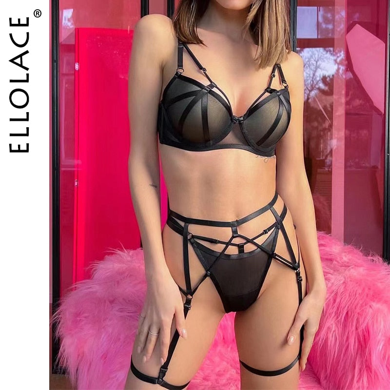 Ellolace Erotic Lingerie For Full Sheer Lace Transparent Bra Setup Ladies See Through Intimate Garters Thongs Seamless Outfits