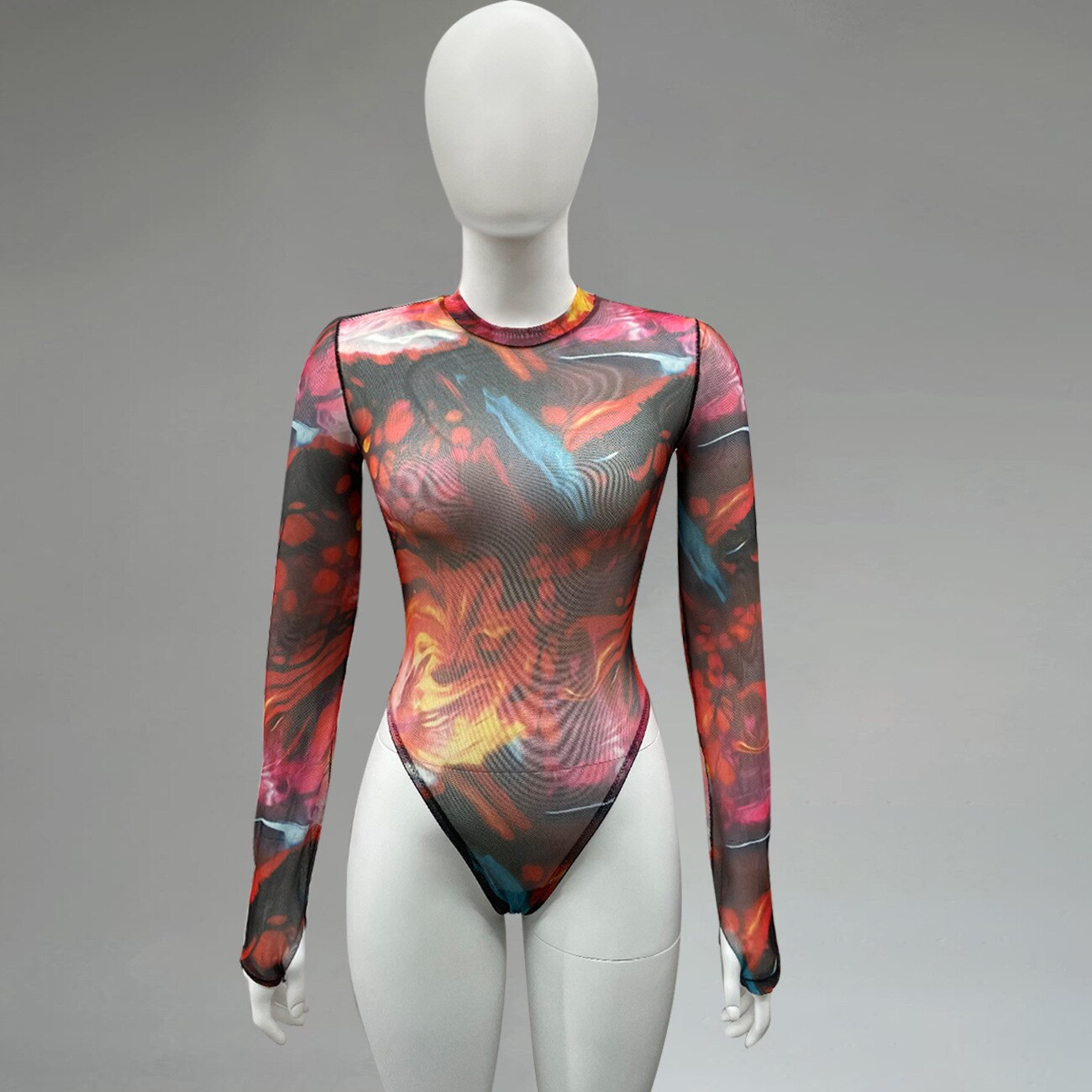 Ellolace Tie Dye Bodysuit Long Sleeve Lingerie Body Uncensored Tight Fitting Woman Crotchless Mesh Sexy Tops See Through Outfit