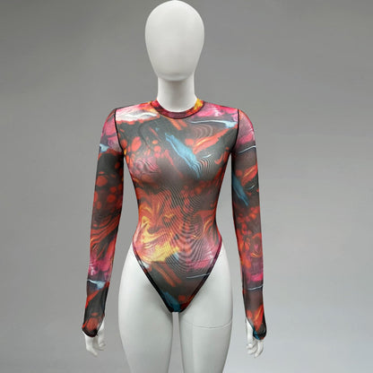 Ellolace Tie Dye Bodysuit Long Sleeve Lingerie Body Uncensored Tight Fitting Woman Crotchless Mesh Sexy Tops See Through Outfit