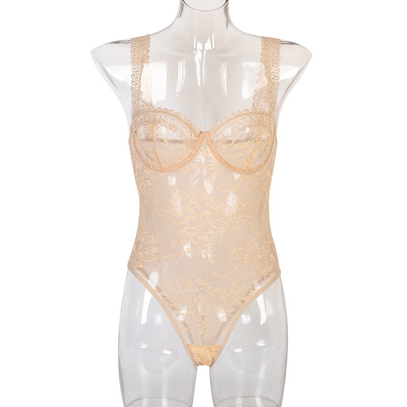 Ellolace Sheer Lace Bodysuit Seamless Lingerie Body Uncensored Transparent Top Tight Fitting Woman Sissy Open Crotch Teddy
