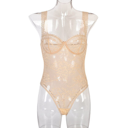 Ellolace Sheer Lace Bodysuit Seamless Lingerie Body Uncensored Transparent Top Tight Fitting Woman Sissy Open Crotch Teddy