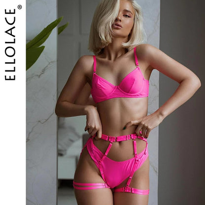 Ellolace Neon Pink Lingerie Seamless Underwear Transparent Lace Garter Brief Sets Senusal Exotic Outfits Sexy Intimate