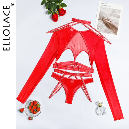 Sexy Costume Cut Out Transparent t-Shirts Gothic 4-Piece Garter Belt