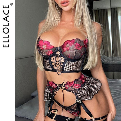 Erotic Sexy Bandage Transparent Bra Ruffle Garters Thongs 3-Piece Fancy