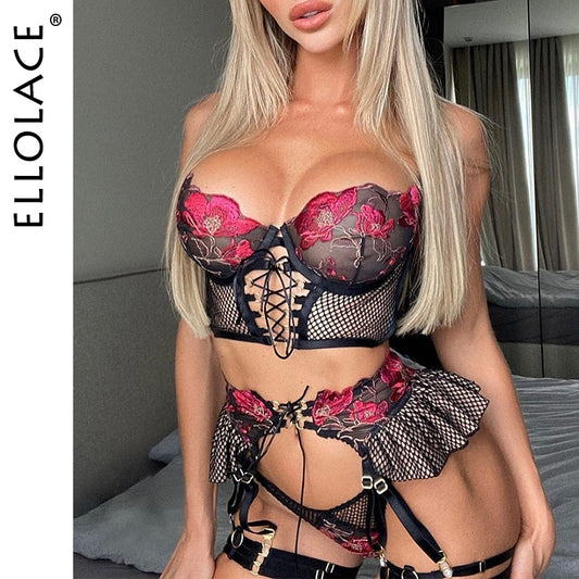 Erotic Sexy Bandage Transparent Bra Ruffle Garters Thongs 3-Piece Fancy