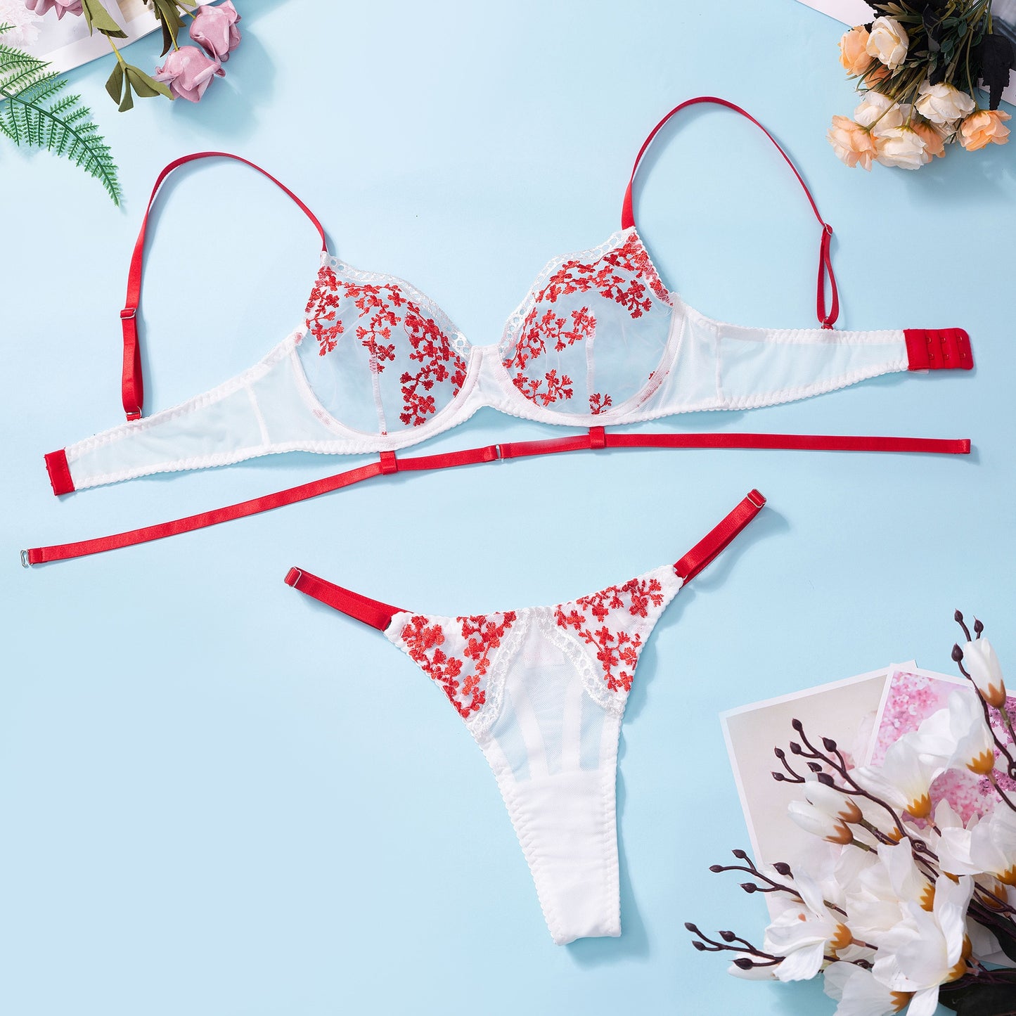 Floral Embroidery Fully Transparent Lace Set 2 Pieces Bra