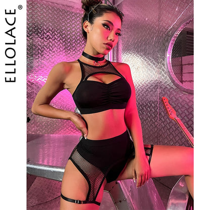 Sexy Fishing Net Patchwork 4-Pieces Bra And Panty Garters Sets