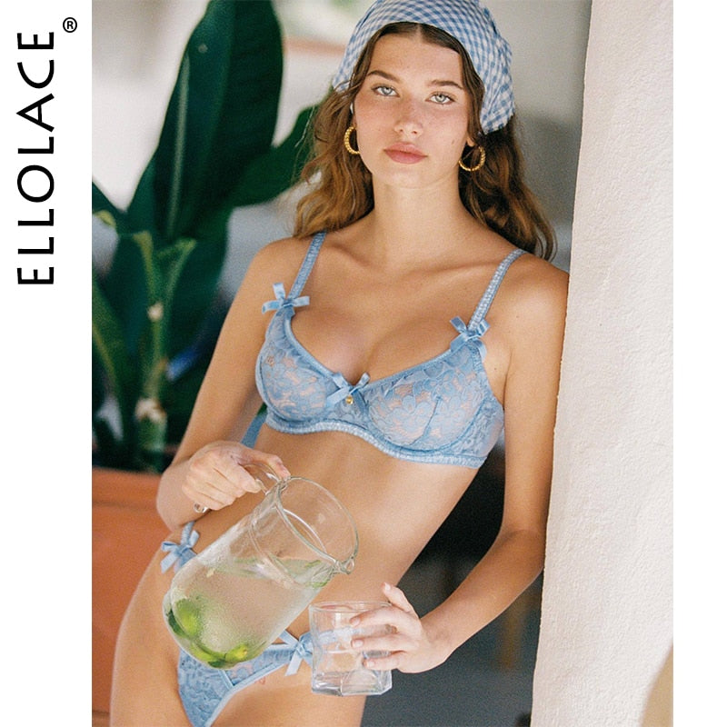 Ellolace Fancy Lingerie Sexy Floral Lace Underwear Set Women 2 Piece Push Up Bras Fantasy Uncensored Bowknot Exotic Intimate